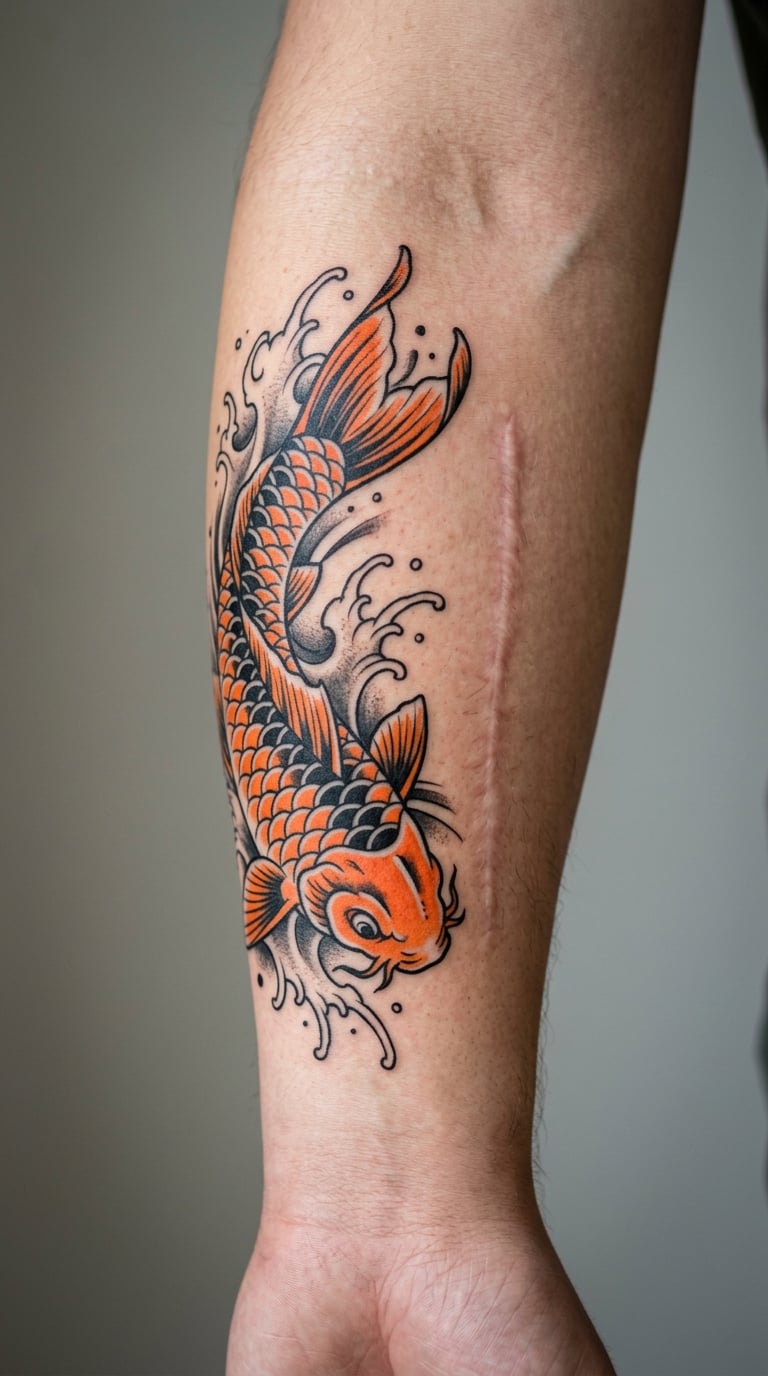 Colorful Koi Fish Wrapping Around a Forearm Scar