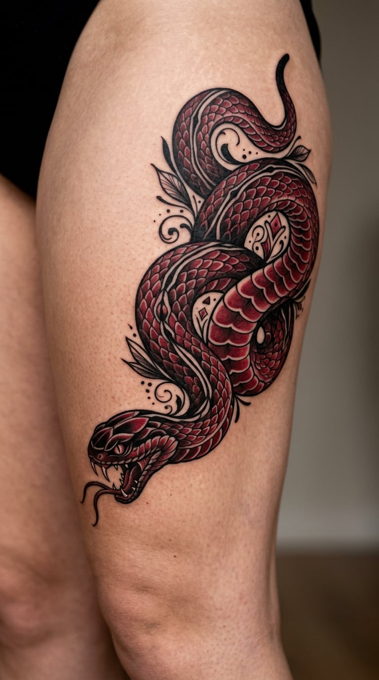 Neo-Traditional Snake Curving Over a Thigh Scar