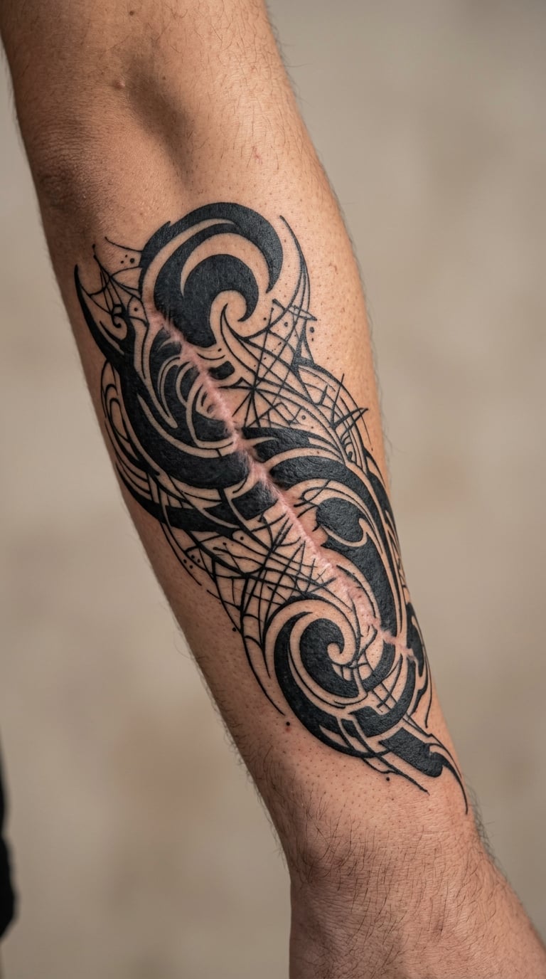 Abstract Blackwork Shapes for an Irregular Scar