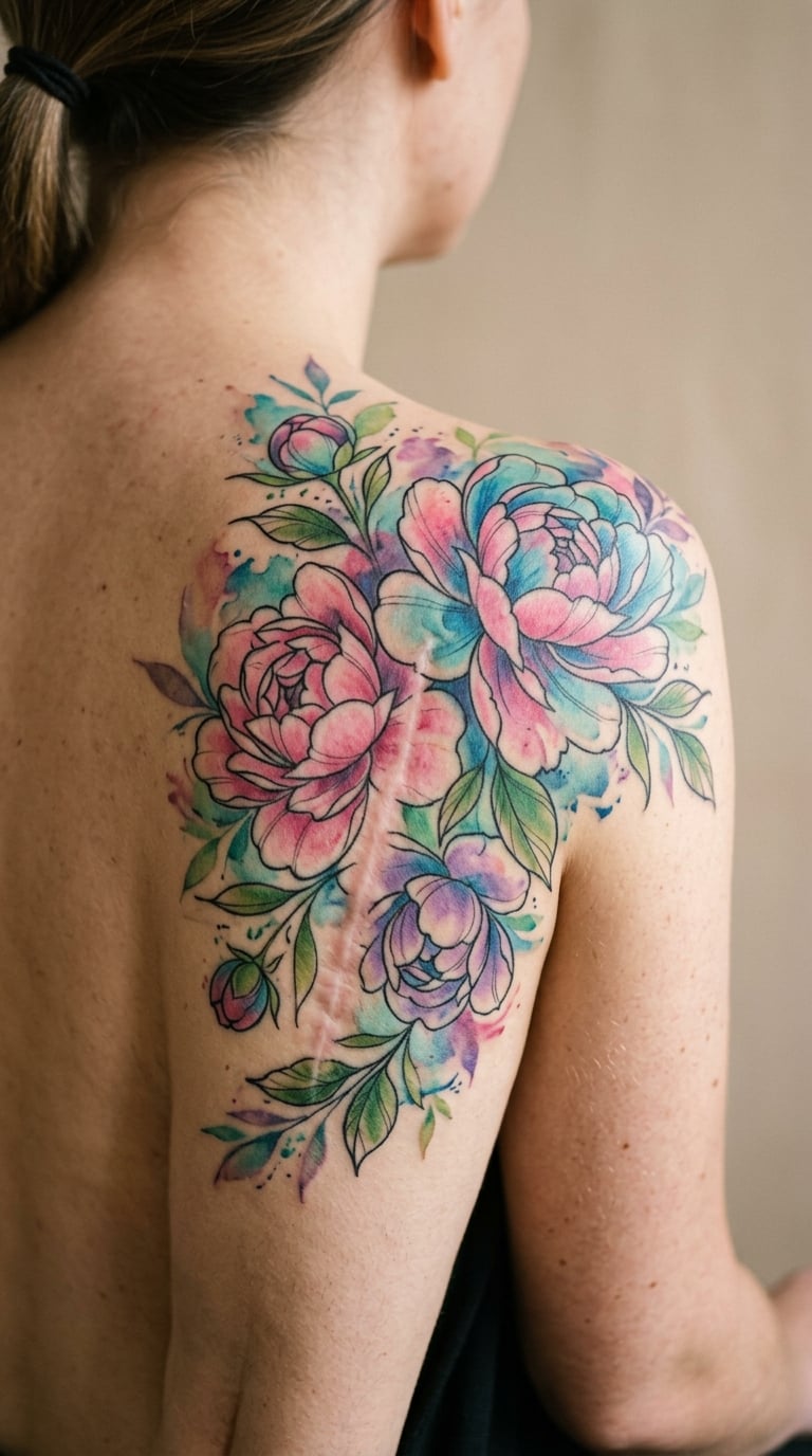 Colorful Painted Peony Covering a Shoulder Mark