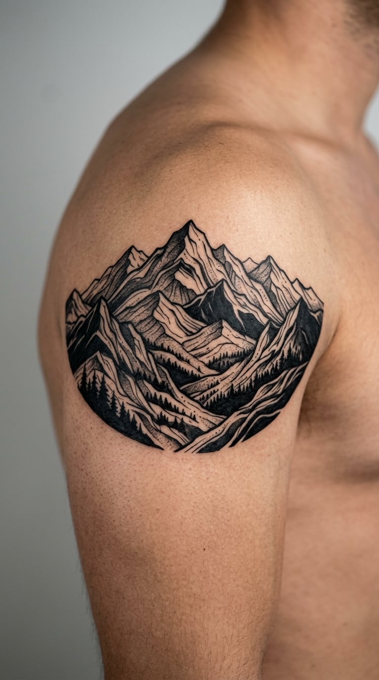 Blackwork Mountain Range Across the Upper Arm