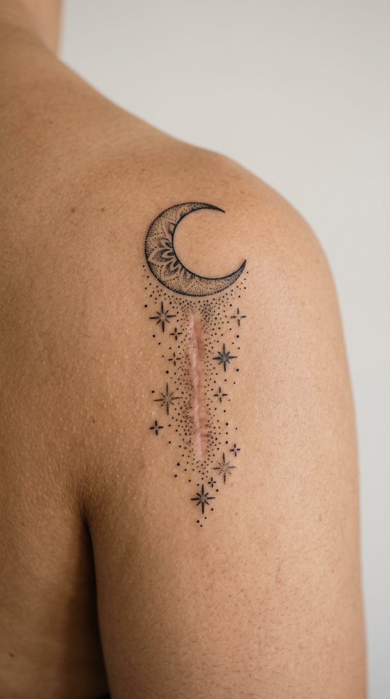 Dotwork Celestial Design Over a Shoulder Scar