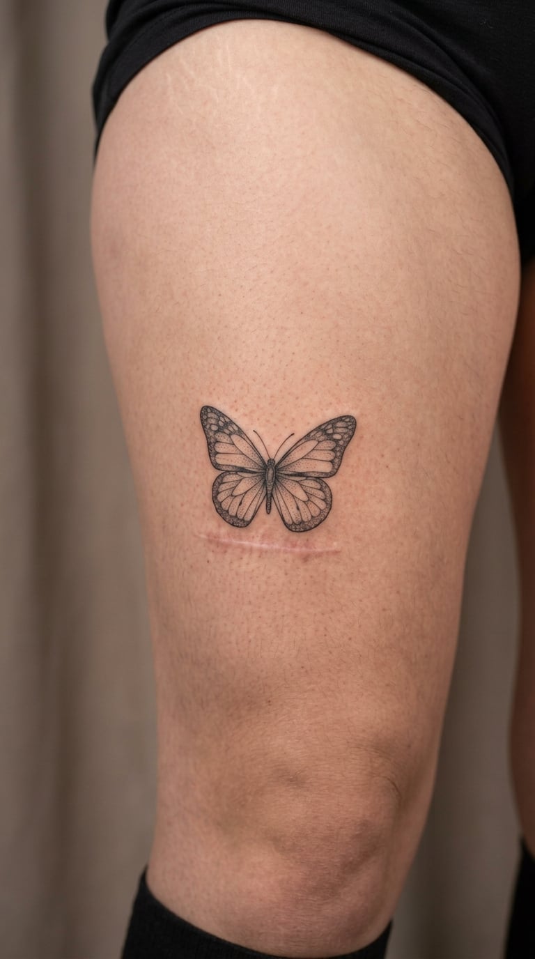Fine-Line Butterfly Stretching Across a Leg Scar