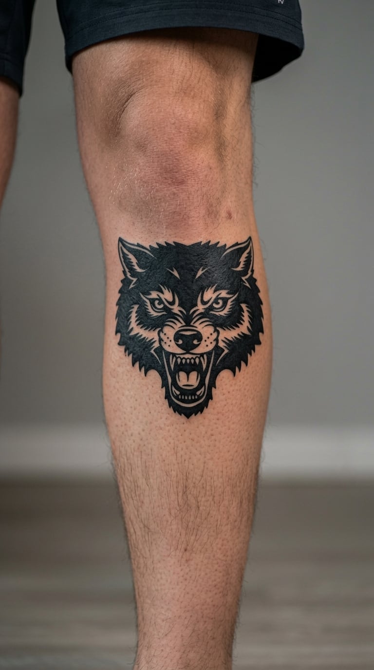 Blackwork Wolf Head on the Front Shin