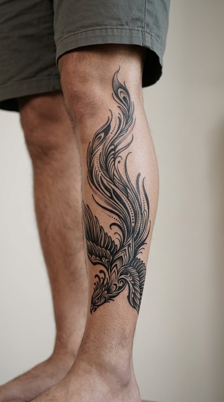 Blackwork Phoenix Rising Along the Shin