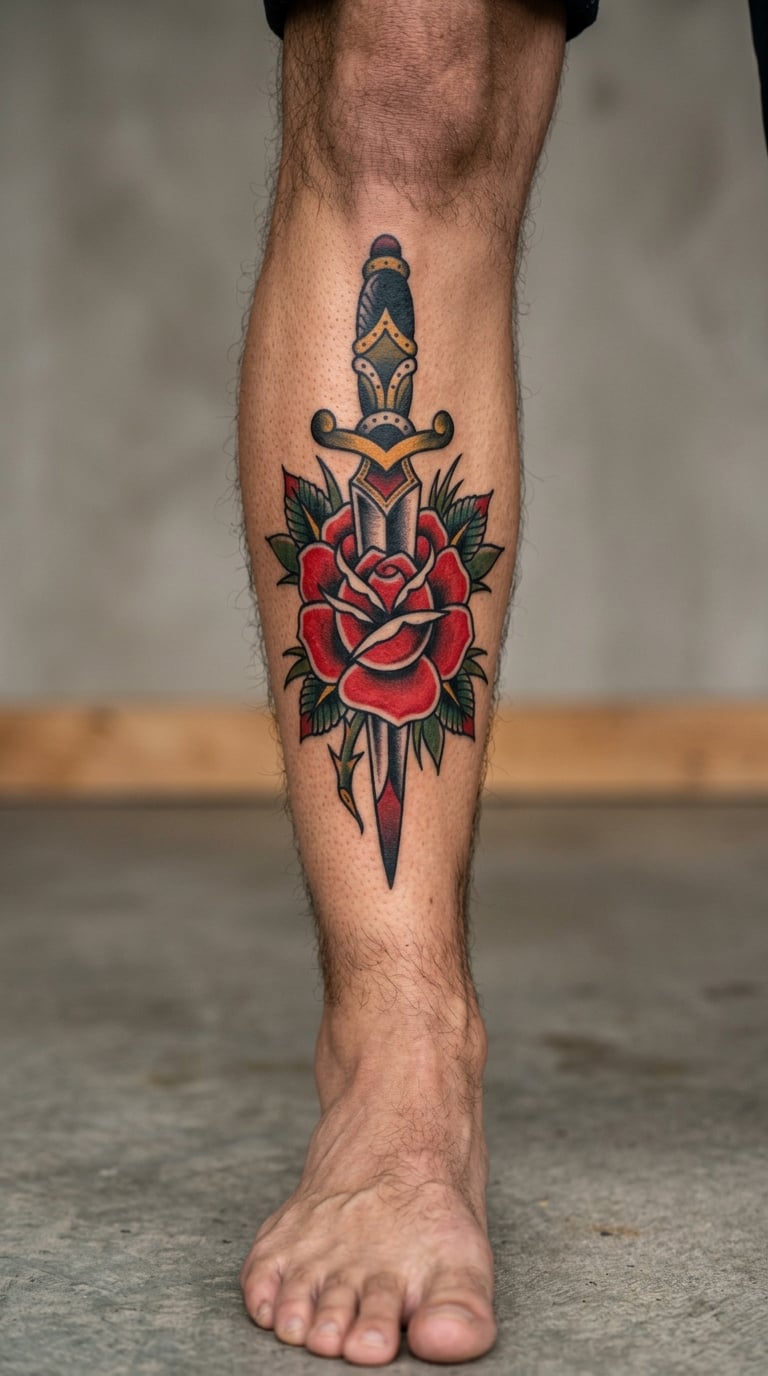 Dagger Through a Rose in American Traditional
