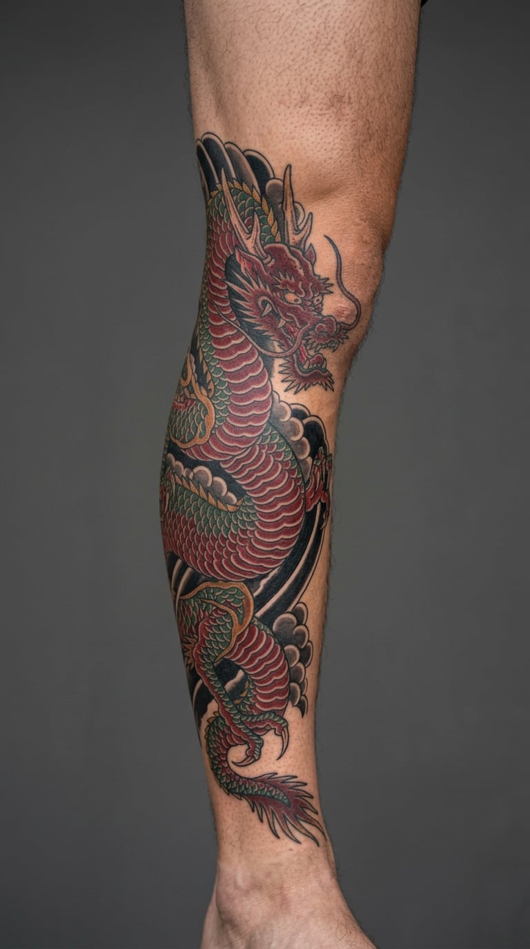 Japanese Dragon Wrapping the Full Lower Leg