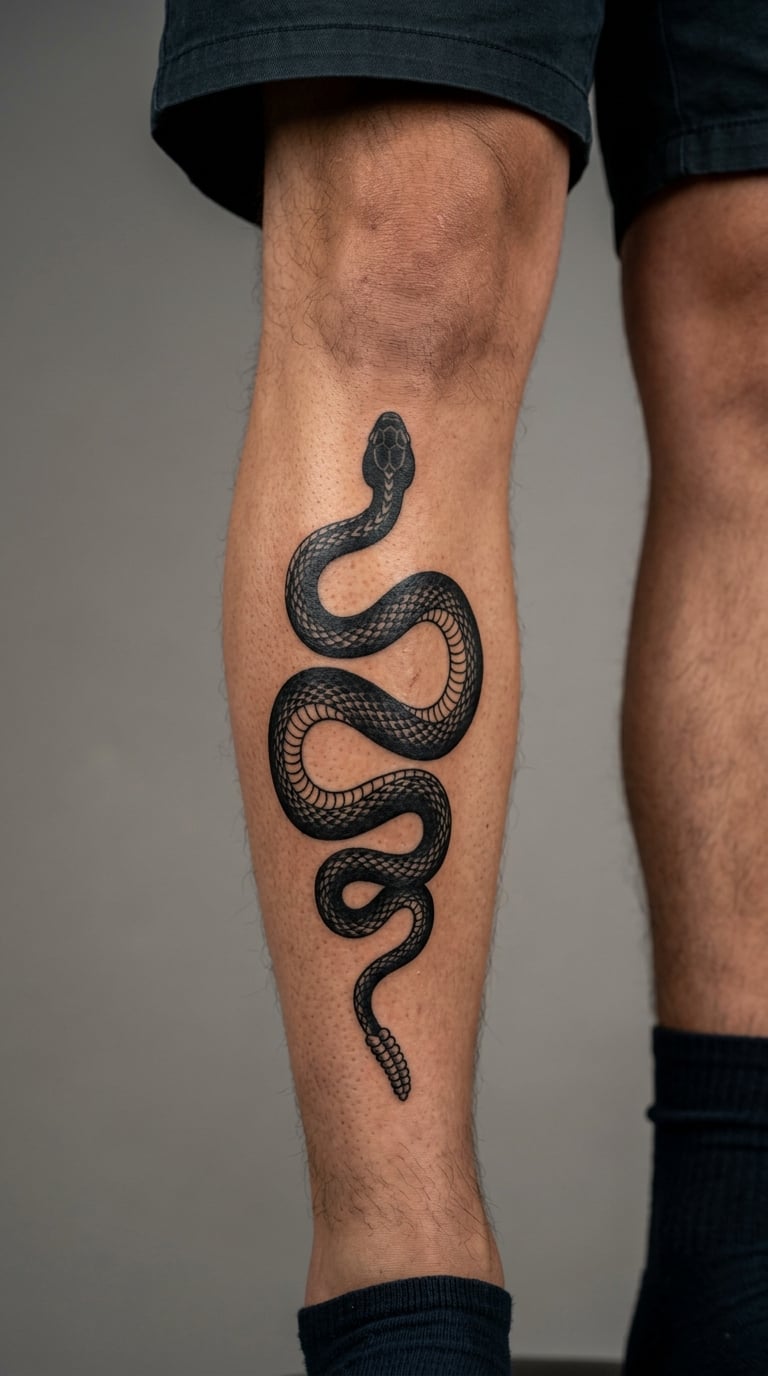 Blackwork Snake Coiling Up the Shin