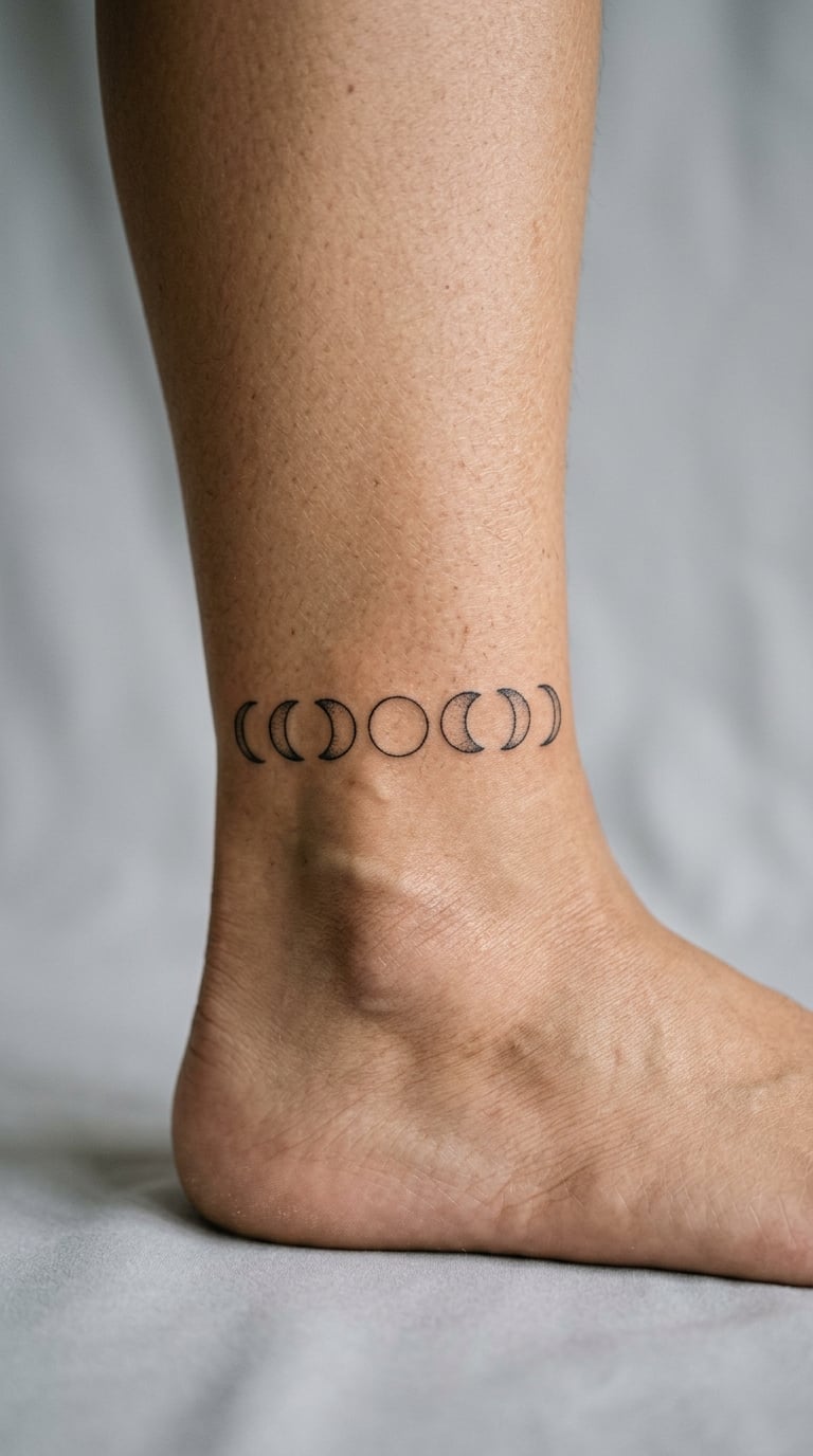 Moon Phases in Fine Line Above the Ankle