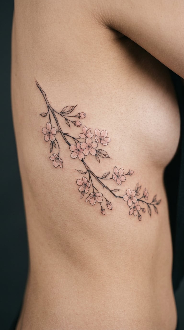 Fine-Line Cherry Blossom Branch Along the Floating Ribs