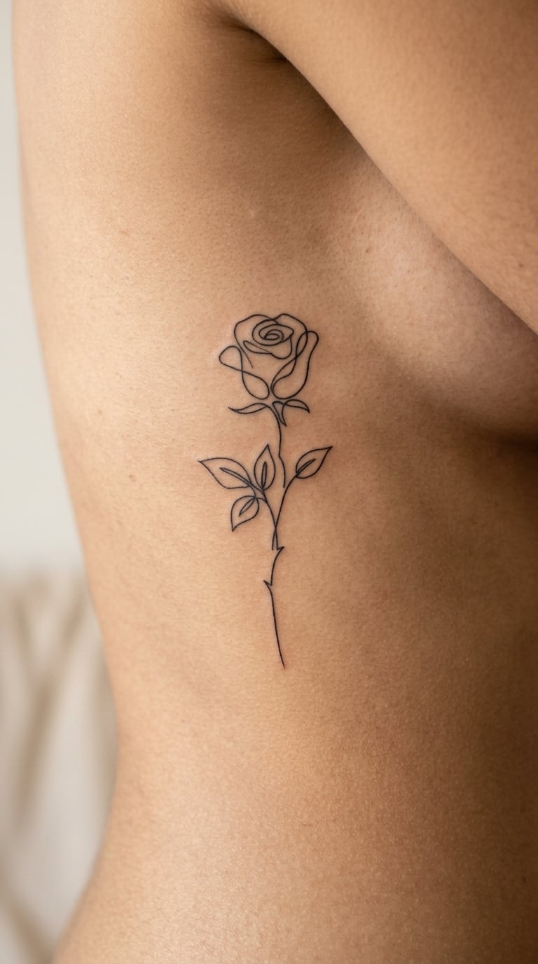 Minimalist Single-Line Rose on the Lower Rib