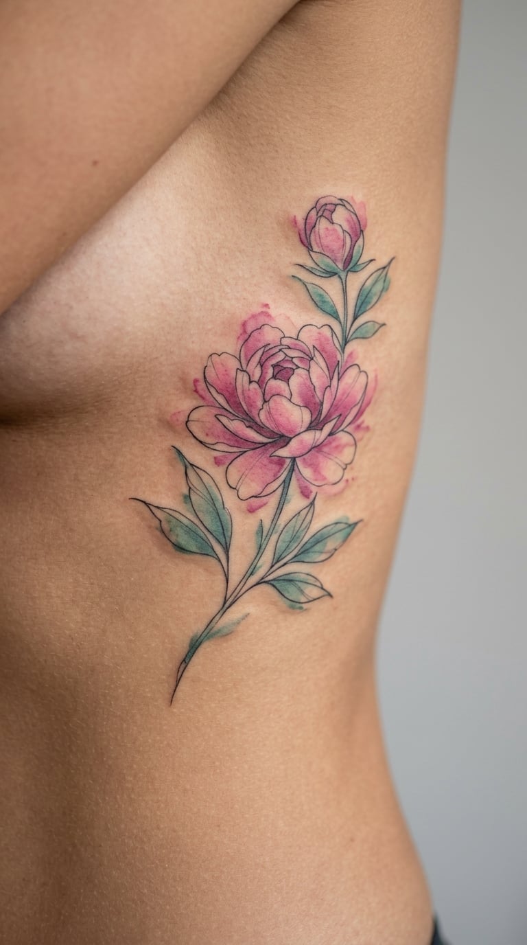 Watercolor Peony Climbing Toward the Underbust