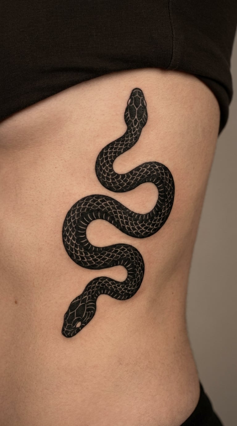 Blackwork Snake Winding Up From the Underbust