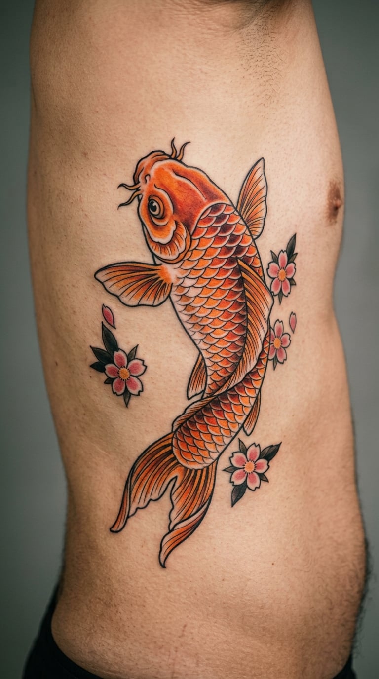 Colour Koi Fish Curving Over the Ribcage