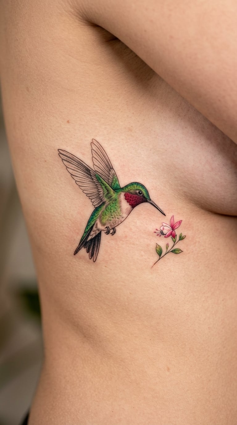 Hummingbird in Flight With a Blossom