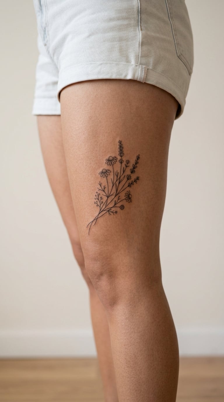 Fine-Line Wildflower Sprig on the Upper Outer Thigh