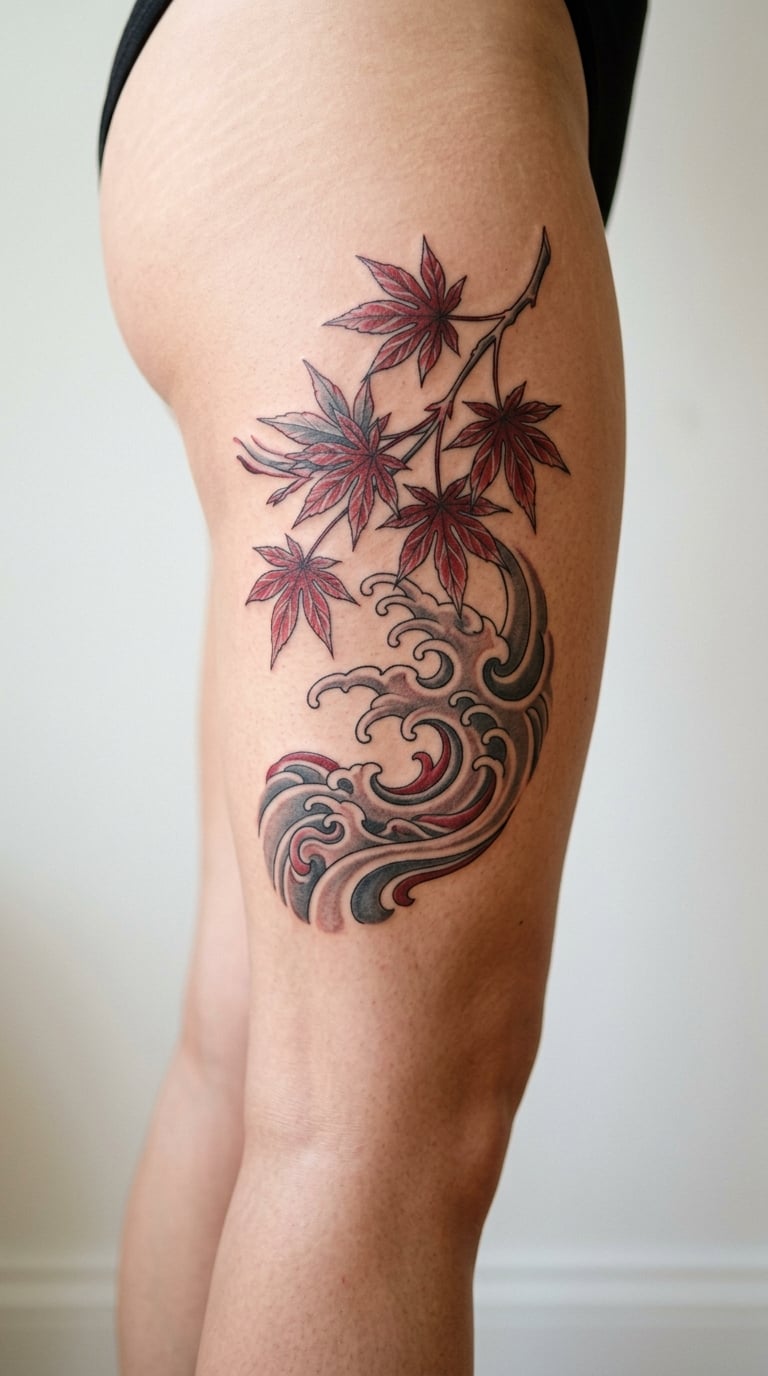 Japanese Maple Branch and Wave on the Outer Thigh