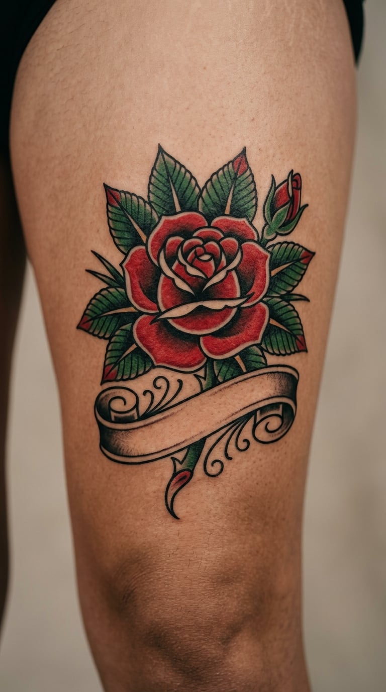 Traditional American Rose With a Script Banner