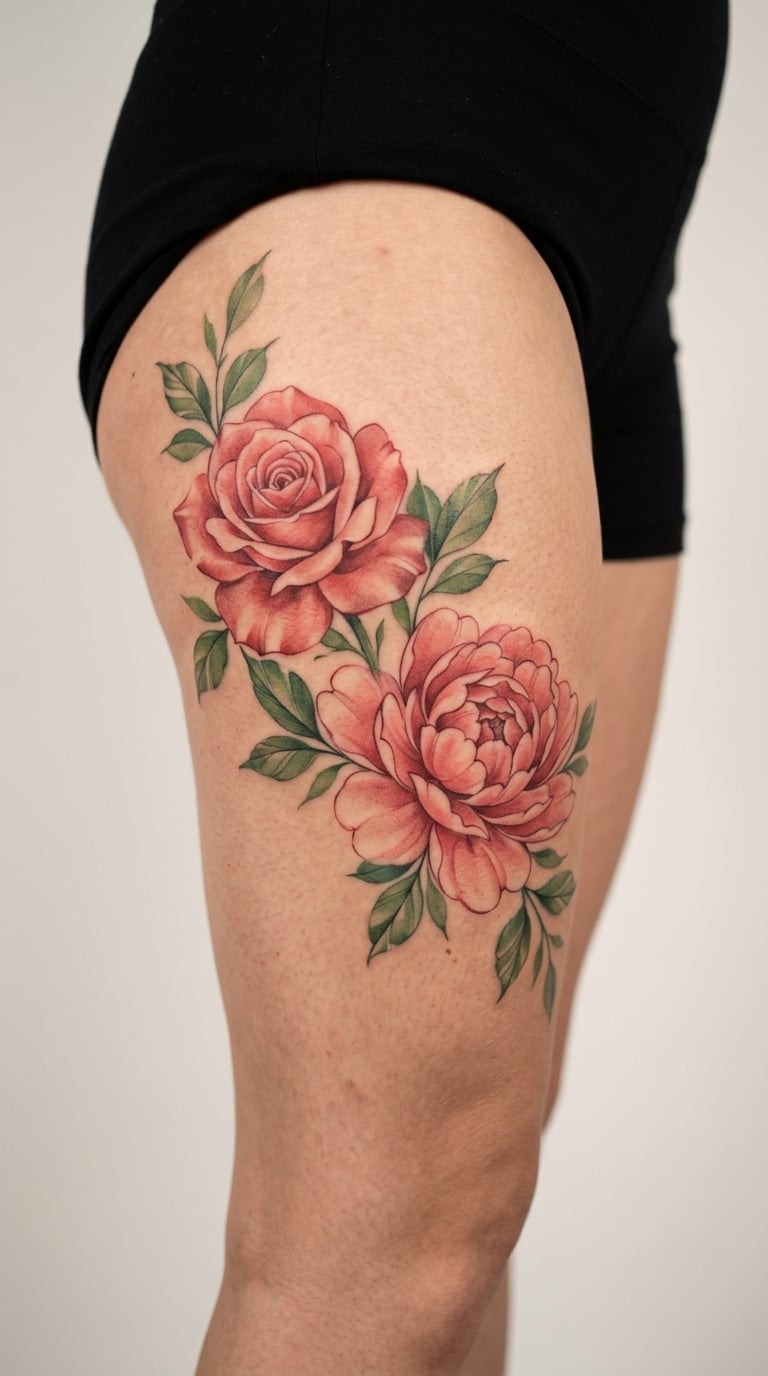 Watercolour Rose and Peony That Wraps the Upper Thigh