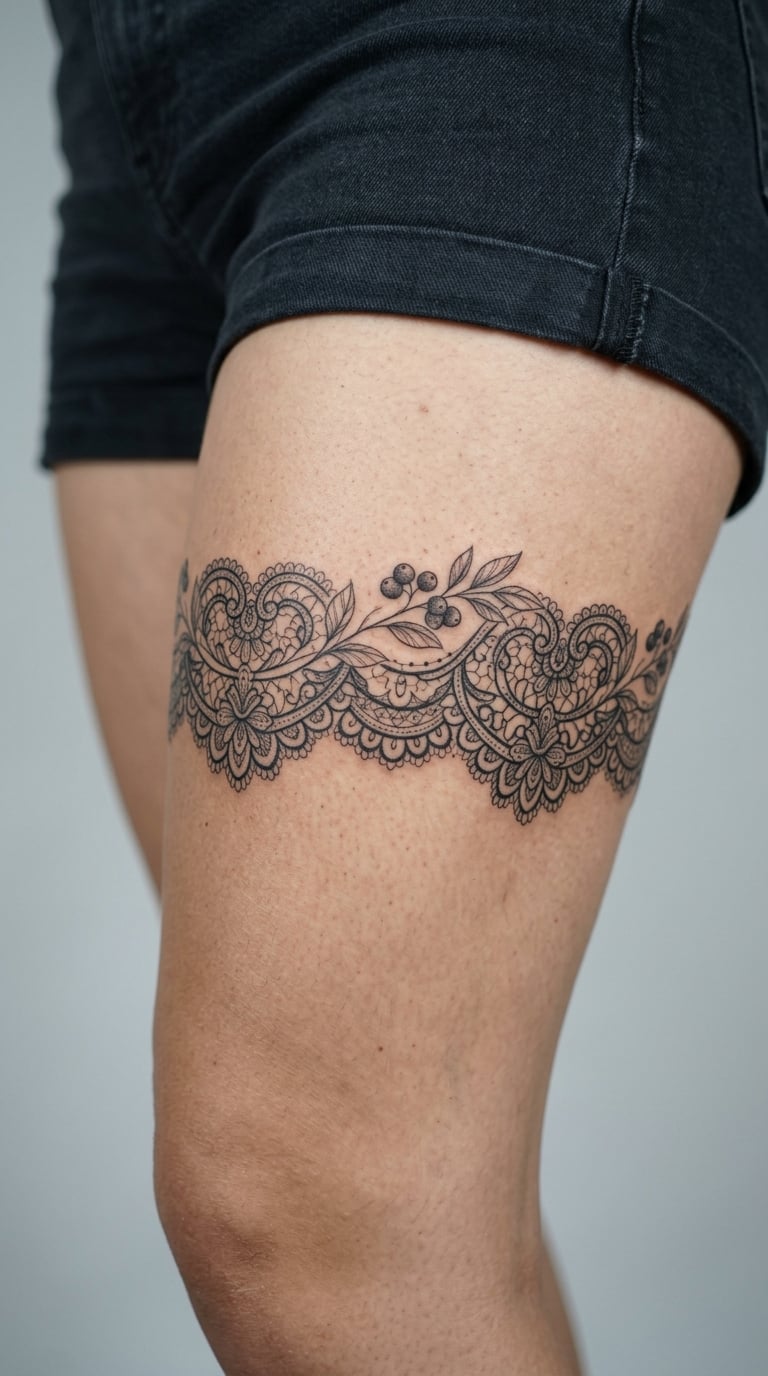 Lace Garter Band with a Berry Strand Across Mid Thigh