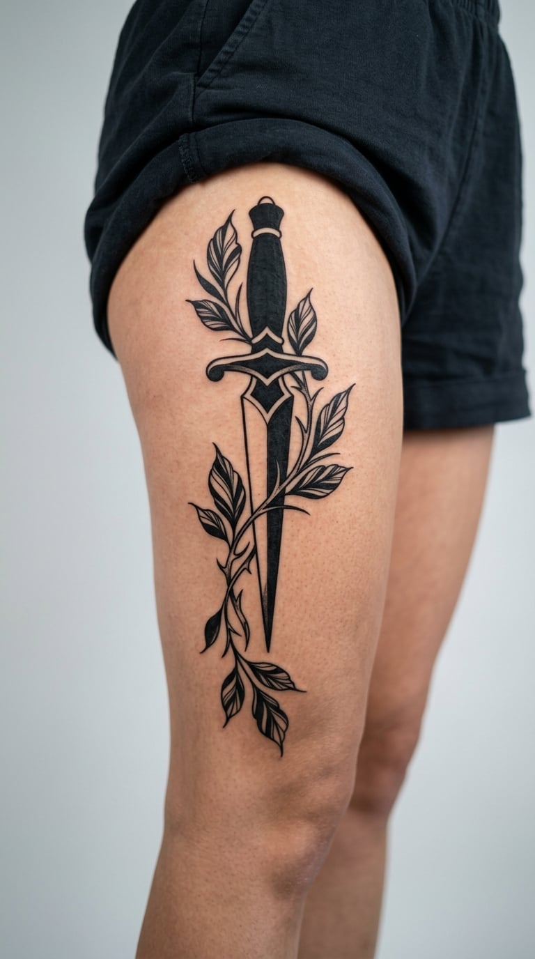 Blackwork Dagger with Trailing Leaves, Running Vertical