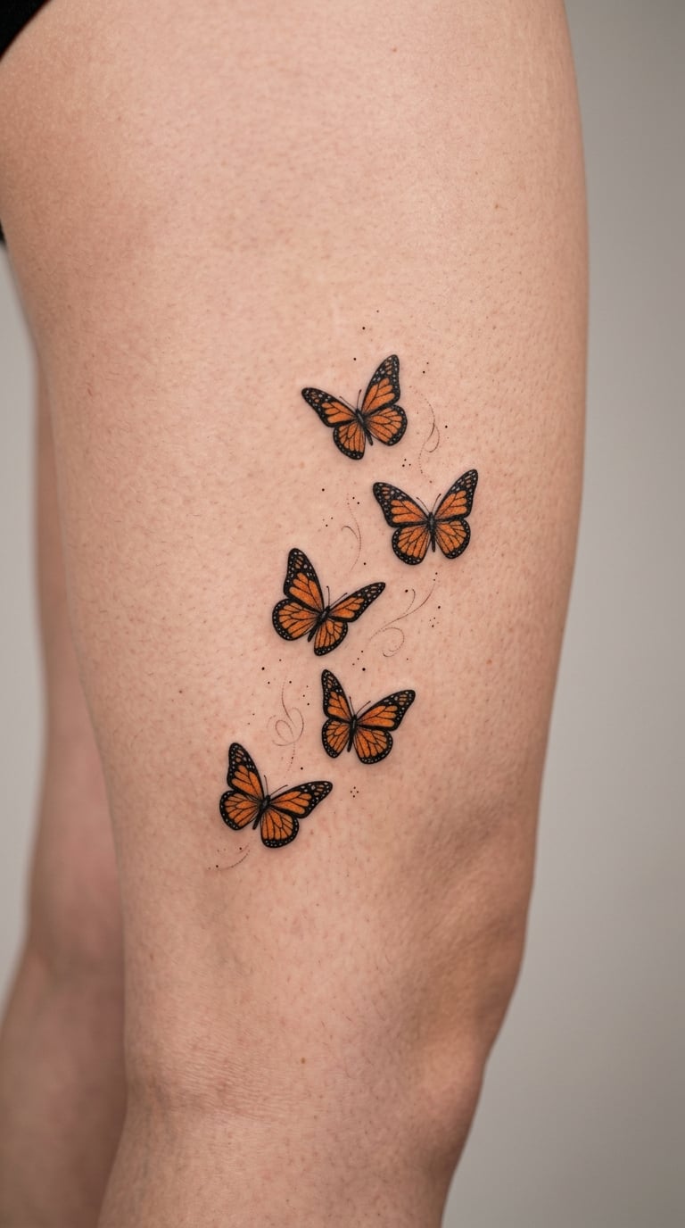 A Trail of Five Butterflies Climbing the Lower Side Thigh