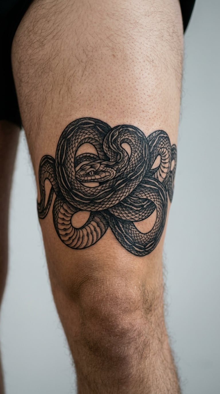 Blackwork Serpent Coiled Around the Mid Thigh