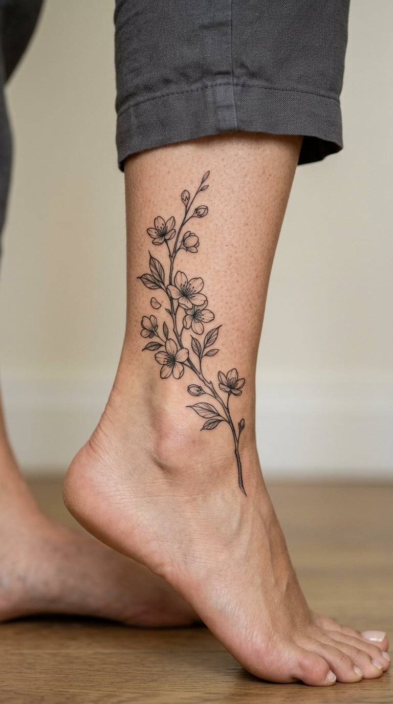 Cherry Blossom Branch on the Inner Ankle