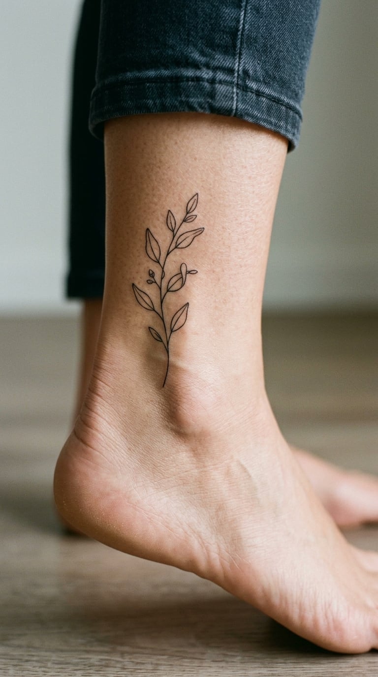 Single-Line Eucalyptus Sprig on the Inner Ankle