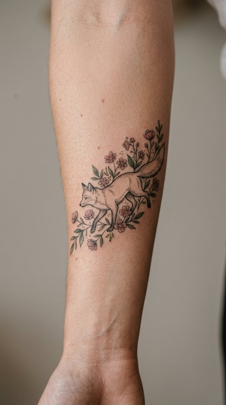 Fine-Line Fox Wrapped in Wildflowers