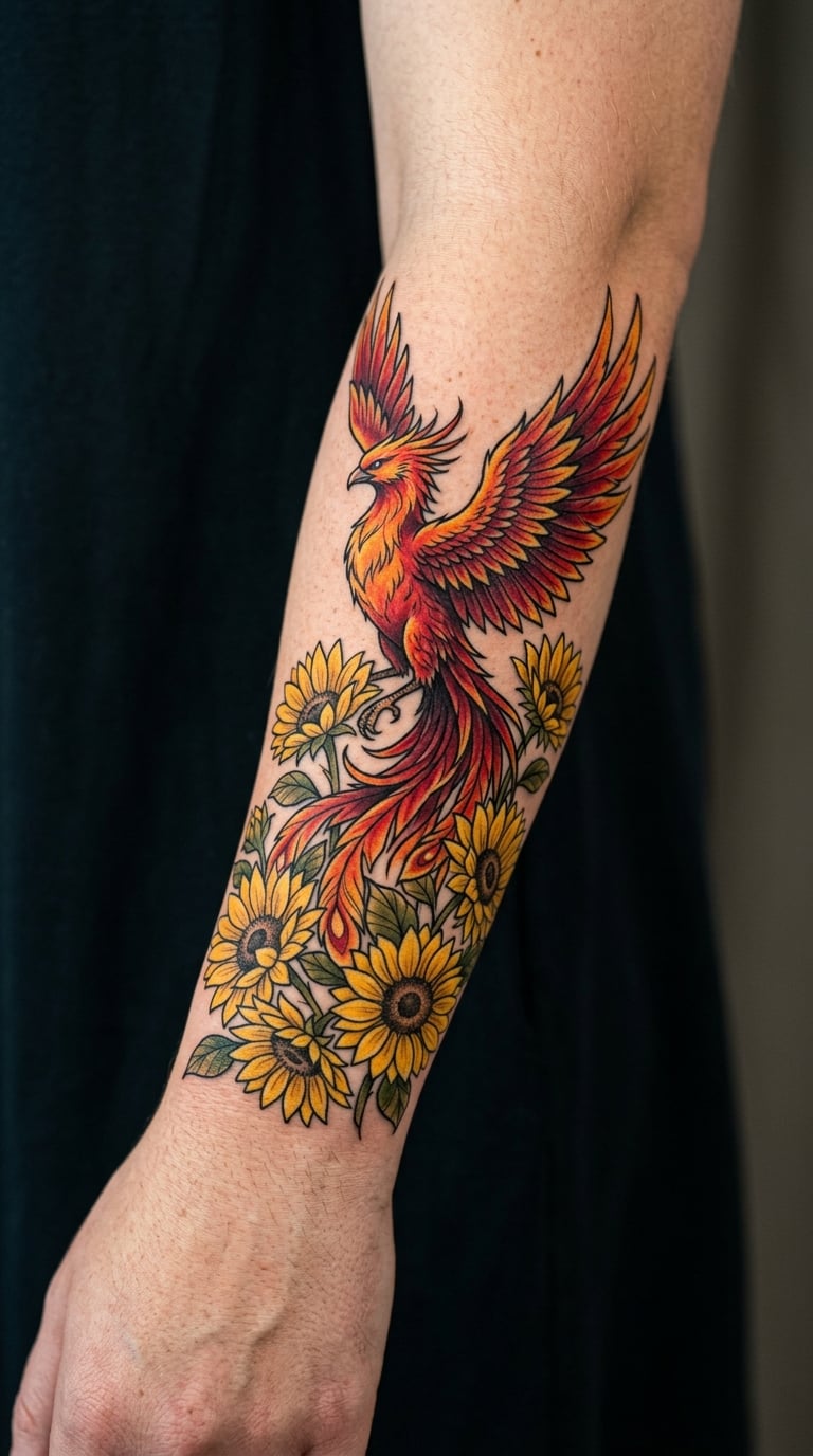 Phoenix Rising Through a Sunflower Field