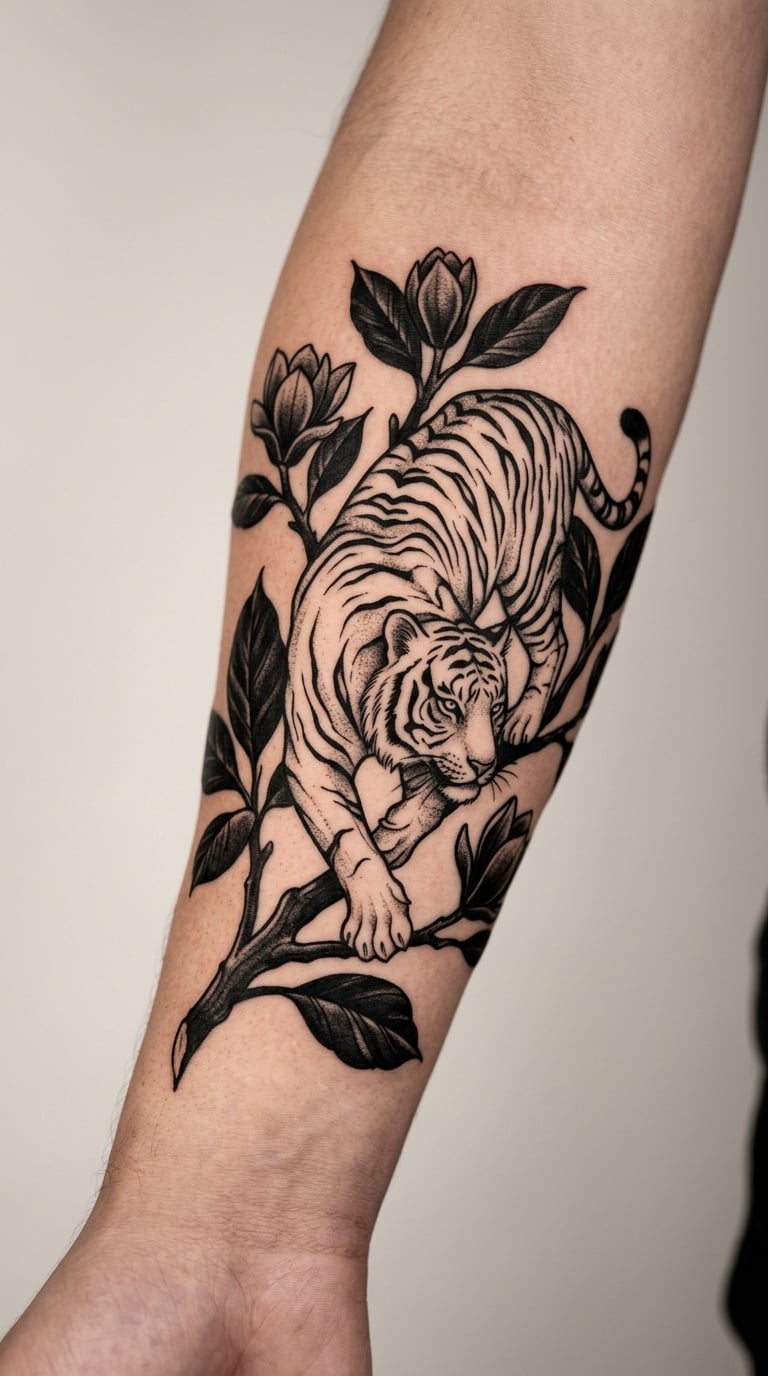 White Tiger Wrapped in Magnolia Branches