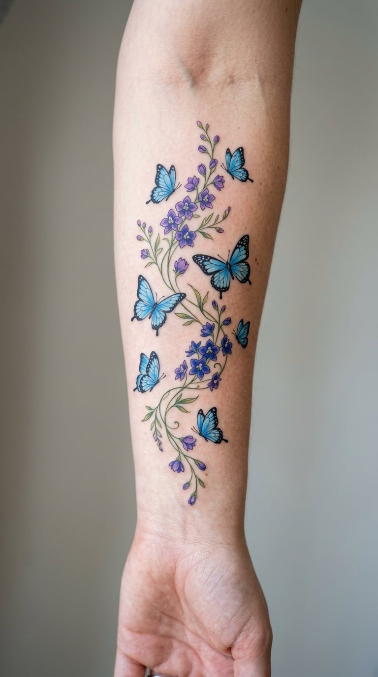 Blue Butterfly and Delphinium Vine Scroll