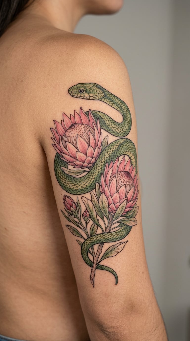 Snake Coiling Through Protea Flowers