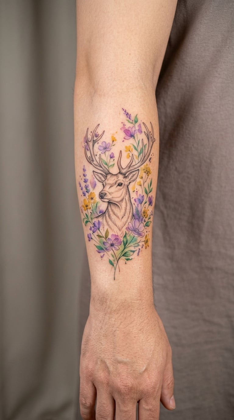 Deer Portrait Filled with Wildflower Splashes