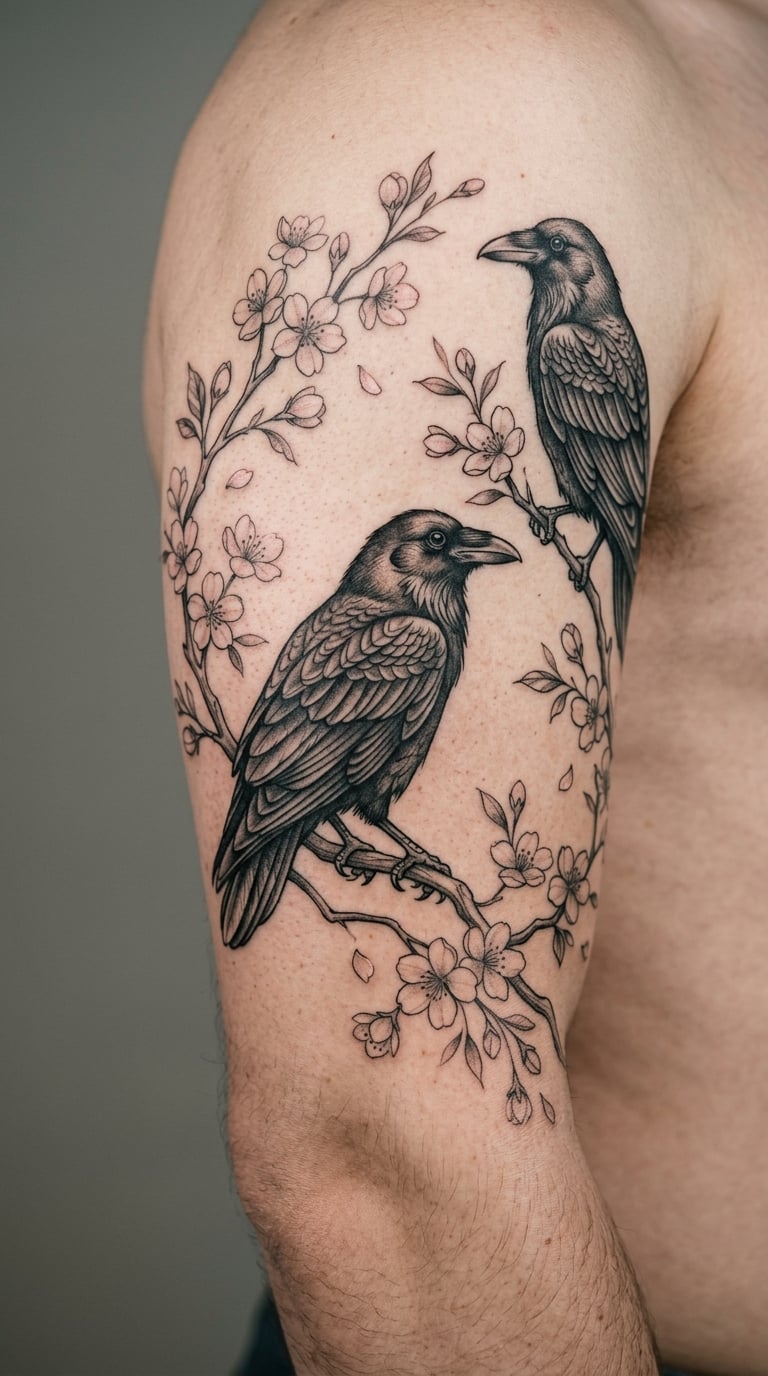 Two Ravens Perched Among Cherry Trees