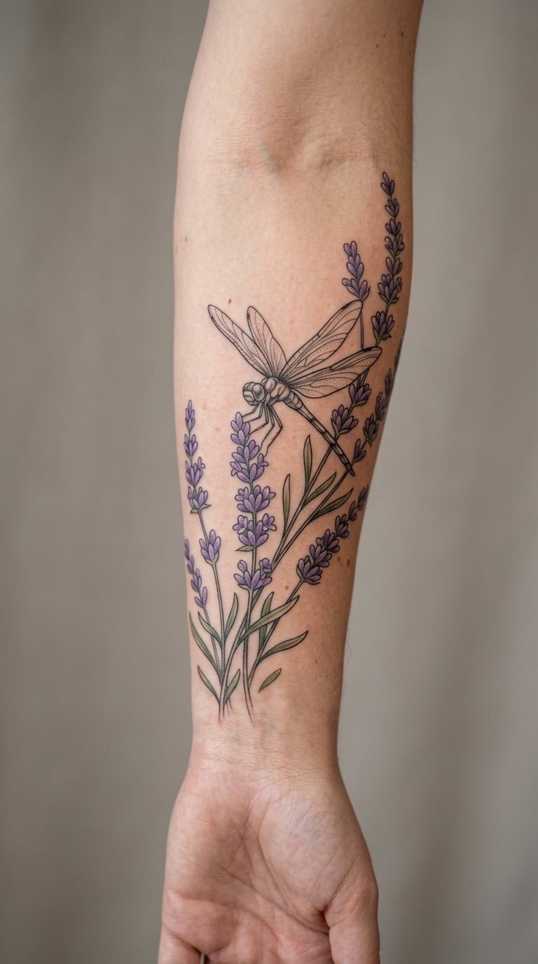 Dragonfly Interwoven with Lavender Stems
