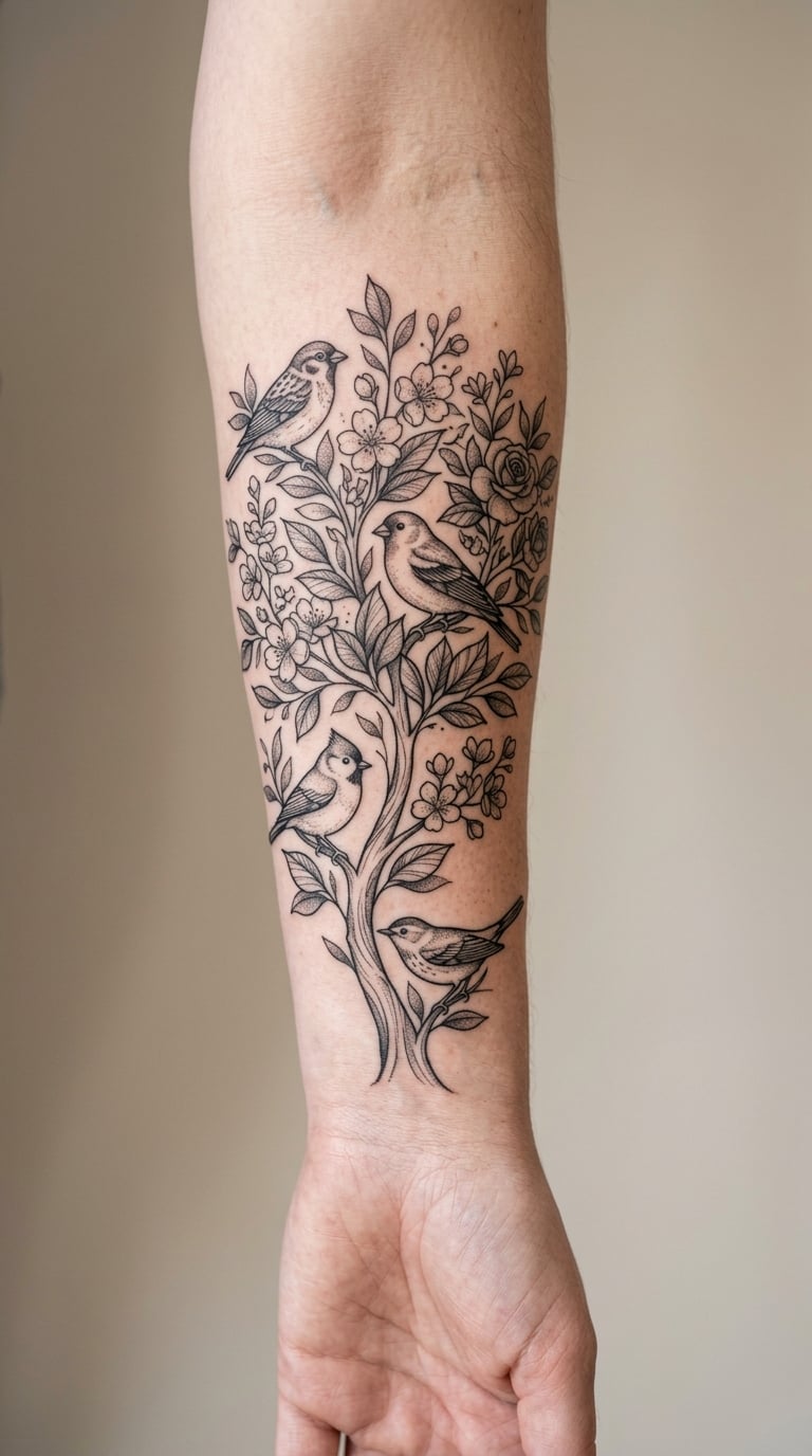 Botanical Tree Full of Songbirds