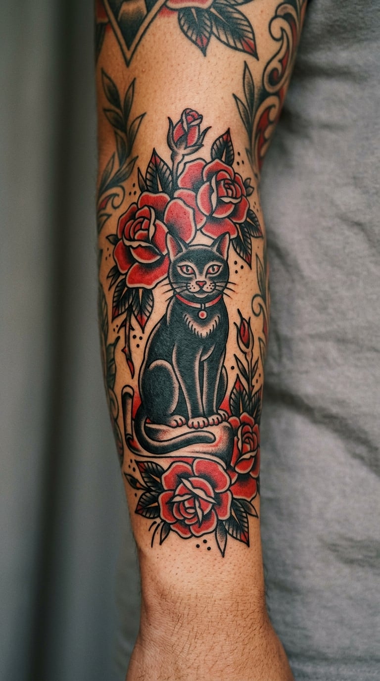 Traditional Rose and Black Cat Composition