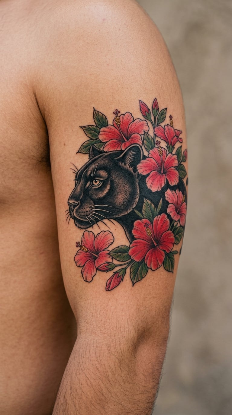 Black Panther Surrounded by Hibiscus