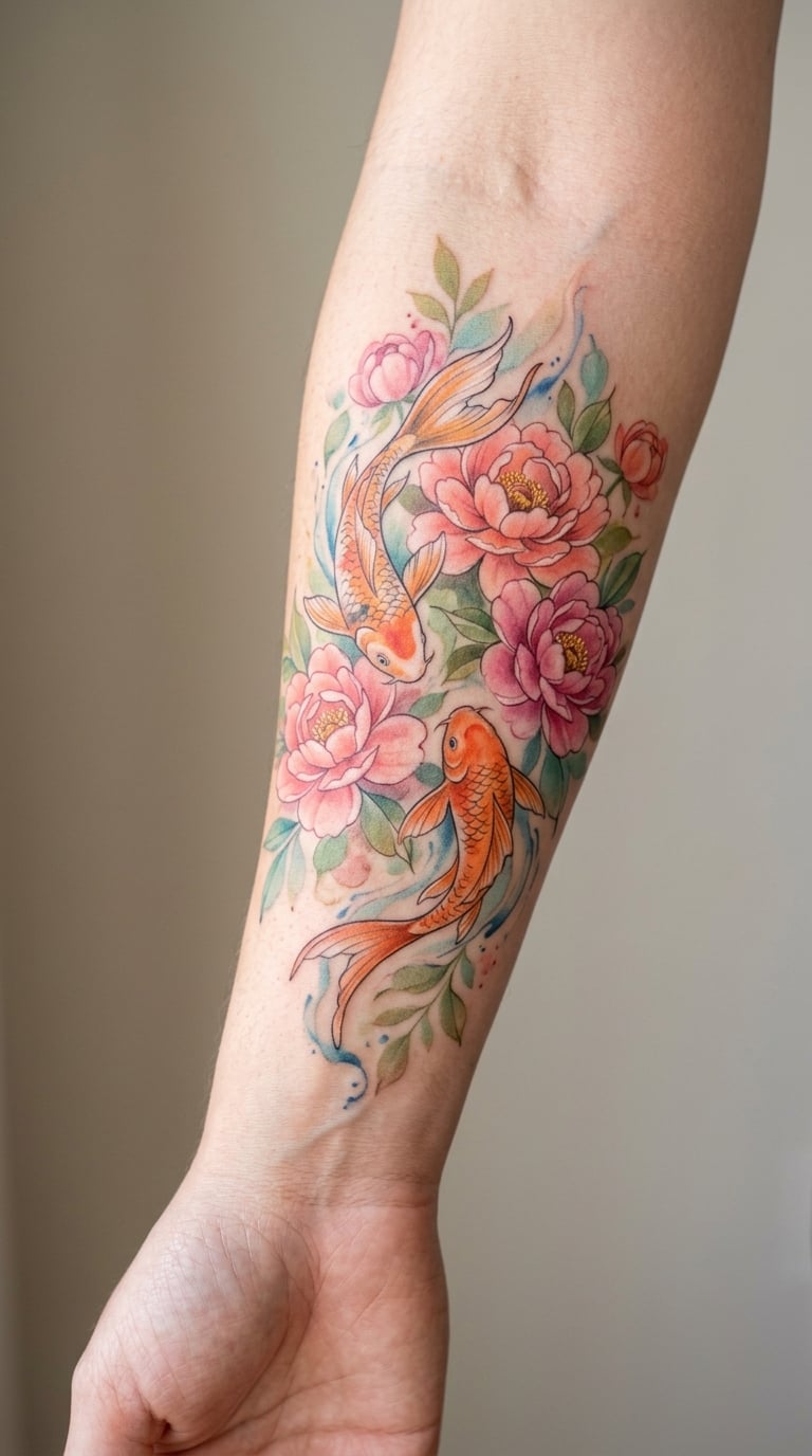 Watercolor Peonies and Swimming Koi
