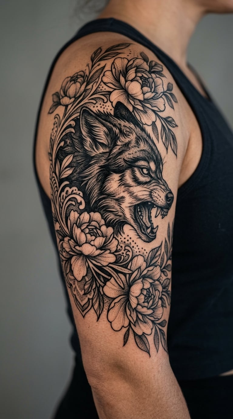 Blackwork Wolf Emerging from Peony Vines