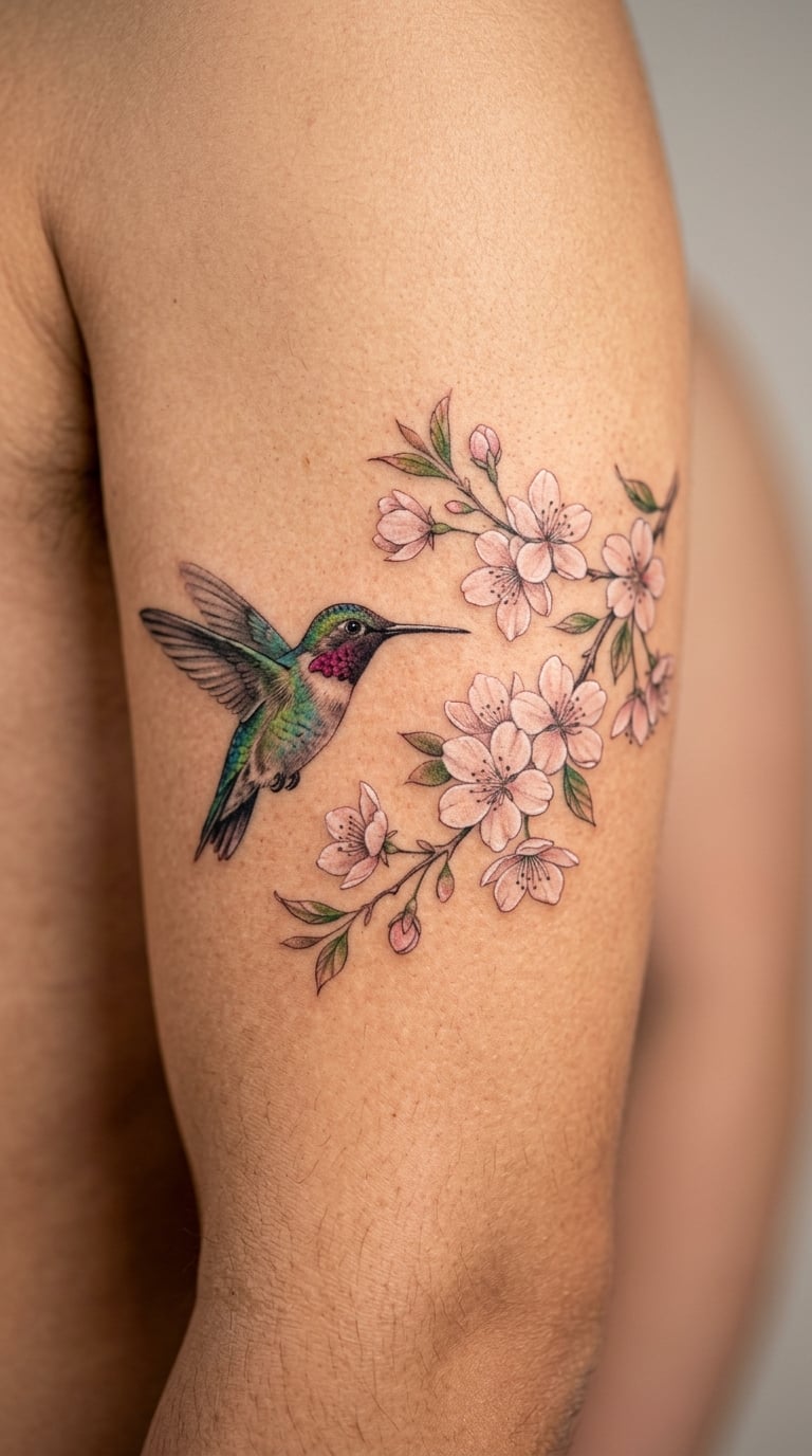 Micro-Realism Hummingbird Among Cherry Blossoms