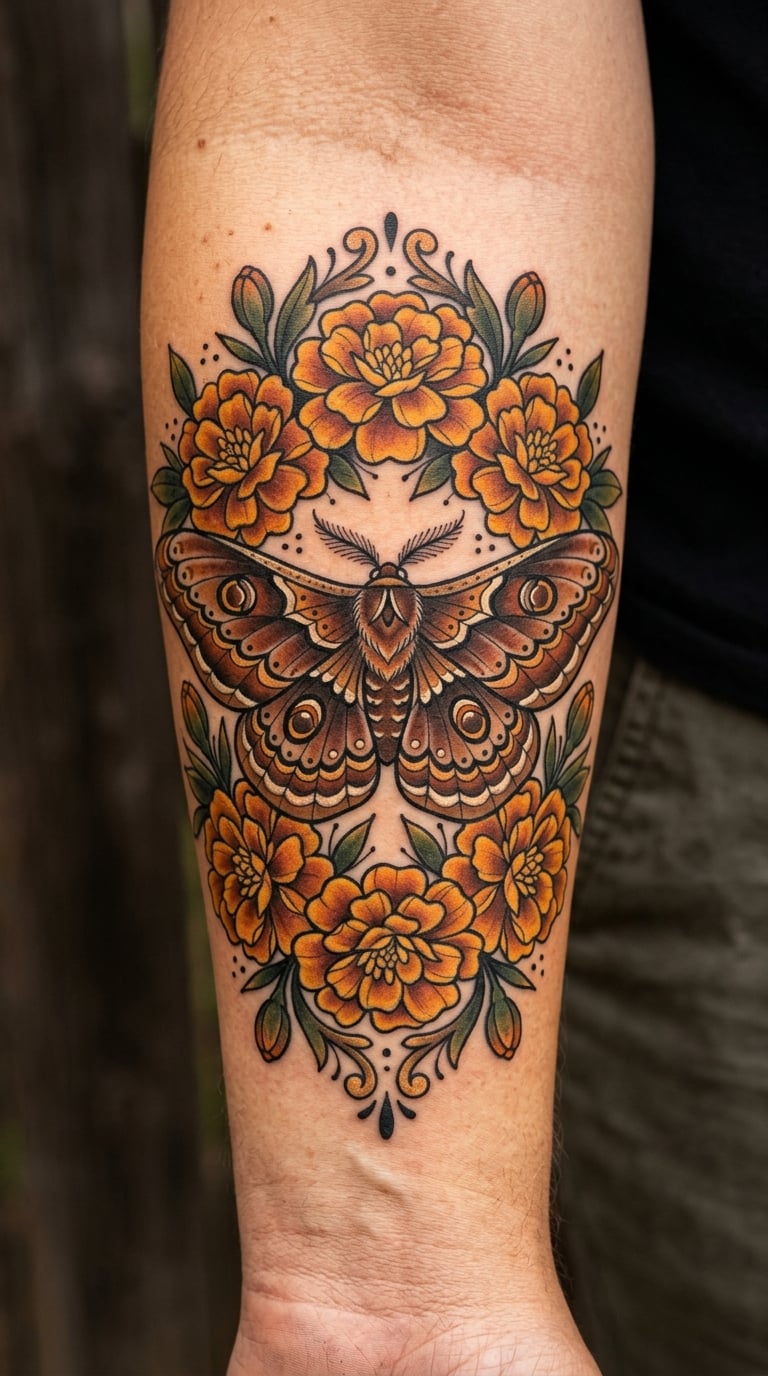 Neo-Traditional Moth and Marigold Border
