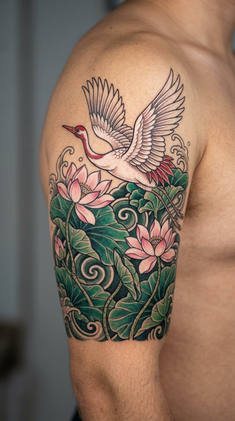 Japanese-Style Crane and Lotus on the Upper Arm