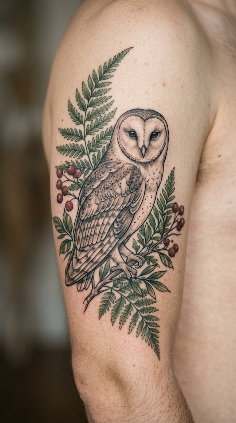 Barn Owl Surrounded by Ferns and Berries