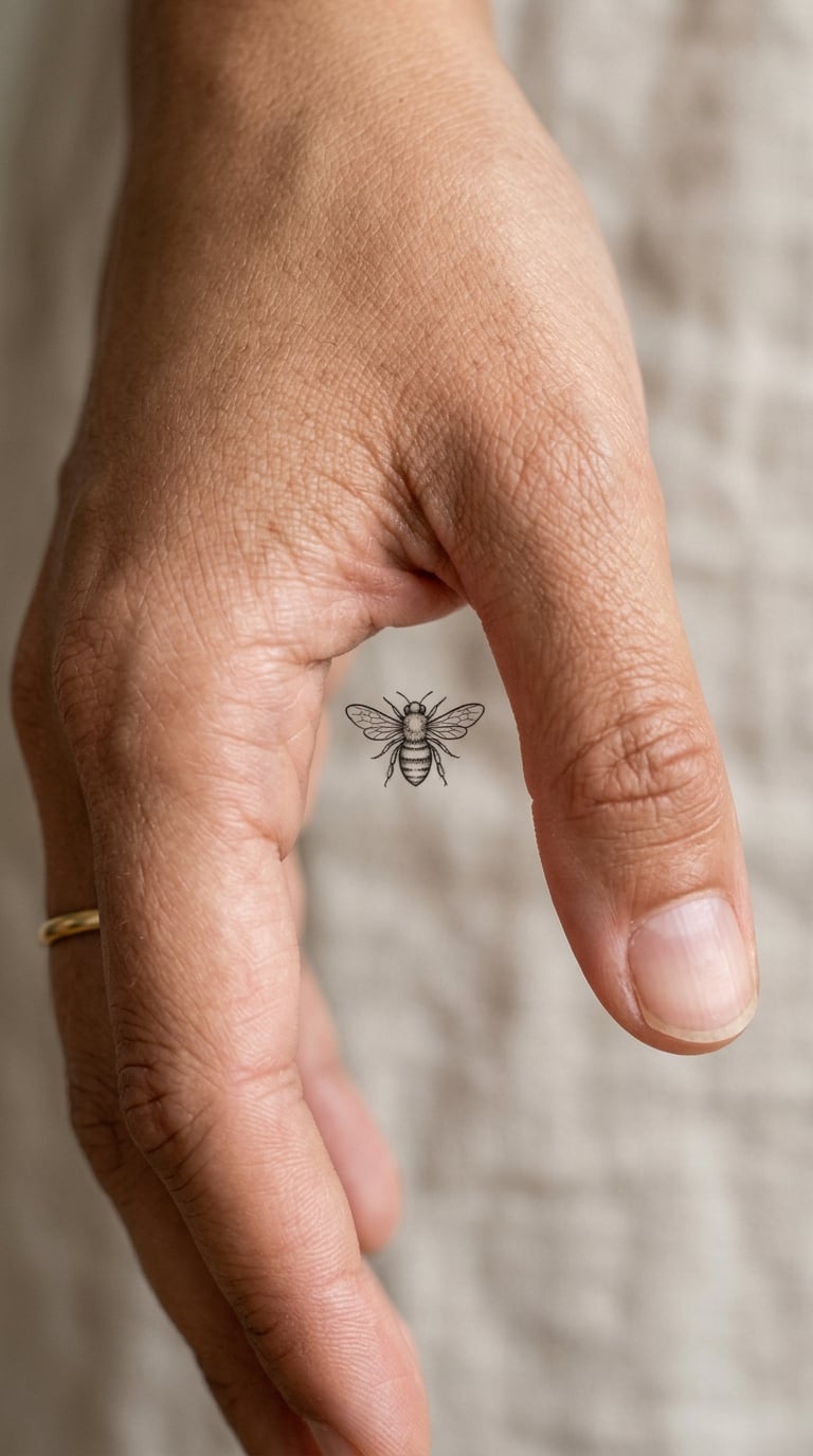 Tiny Bee on the Webbing Between Thumb and Finger