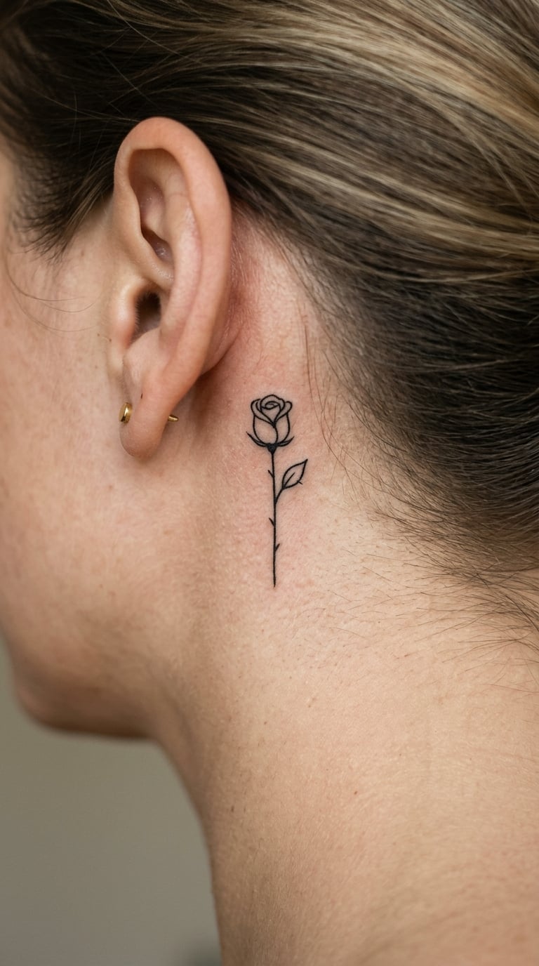 Fine-Line Rosebud Tucked Behind the Ear