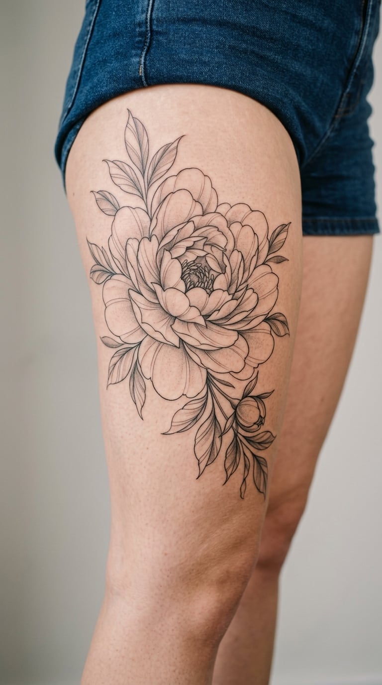 Layered Peony-Style Rose on the Outer Thigh