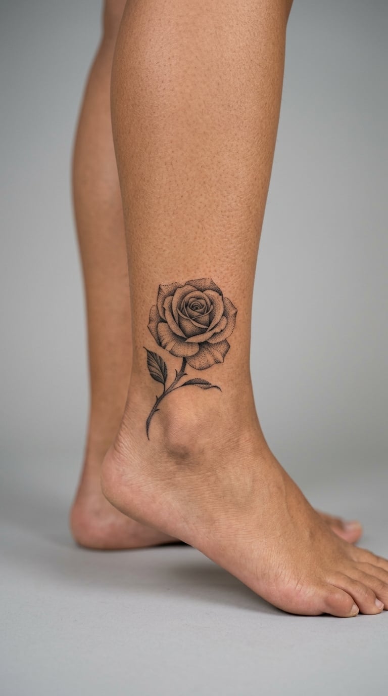 Dotwork Rose Climbing the Ankle